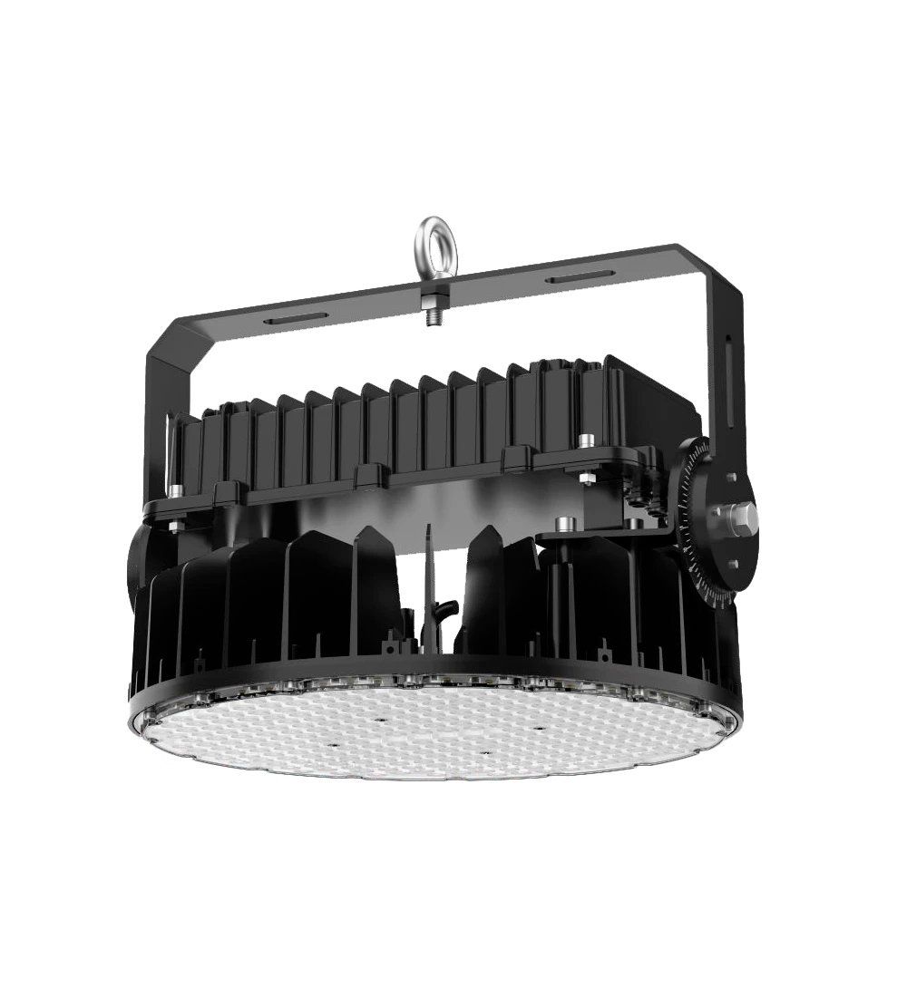 Luminaria industrial Actualite High Power de alto rendimiento con ópticas de 15° a 60°, certificación DS1/22, carcasa de aluminio y opciones de horquilla para montaje en fábricas y plantas industriales.